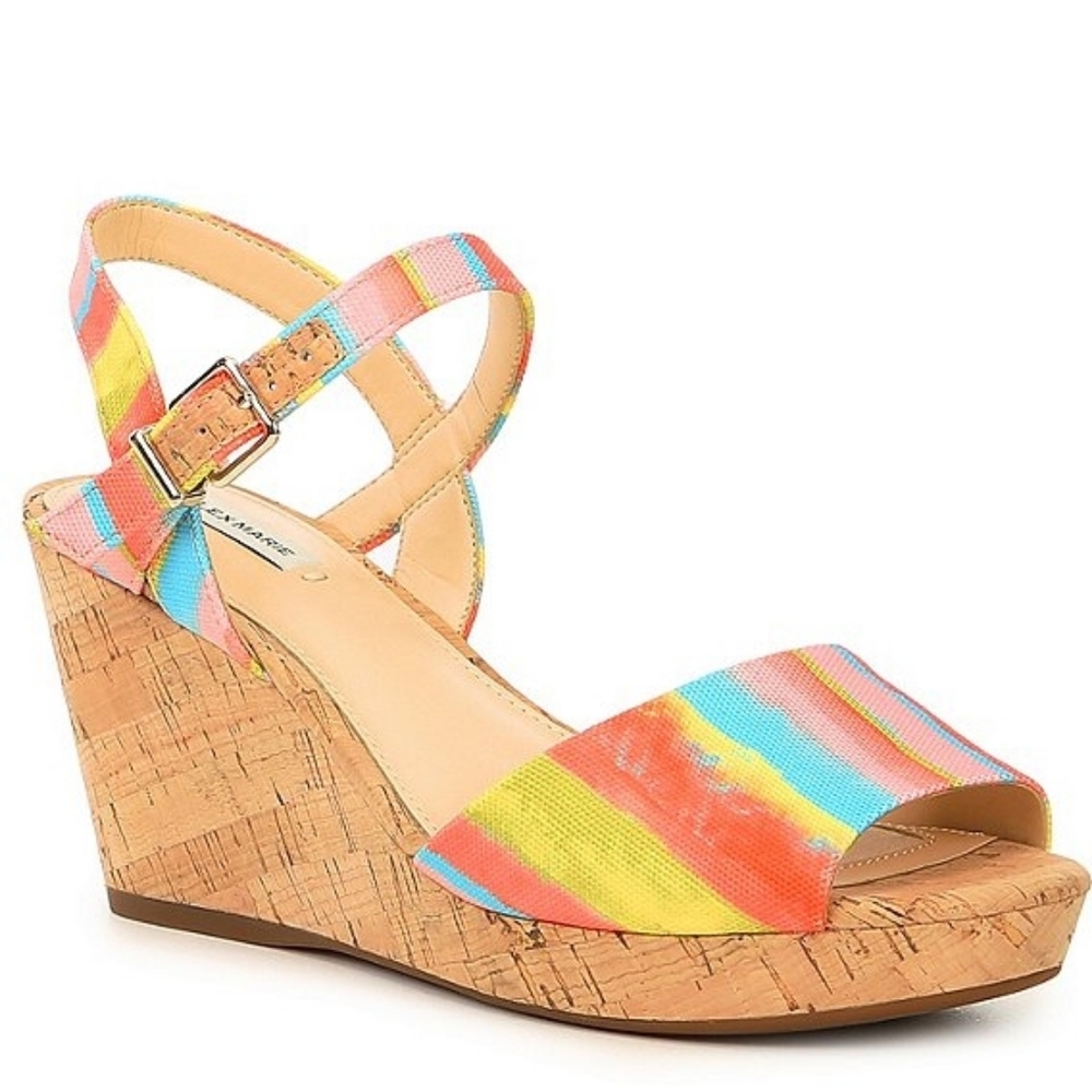 NWT ALEX MARIE RAINBOW STRIPED CORK WEDGE SANDAL SZ 8